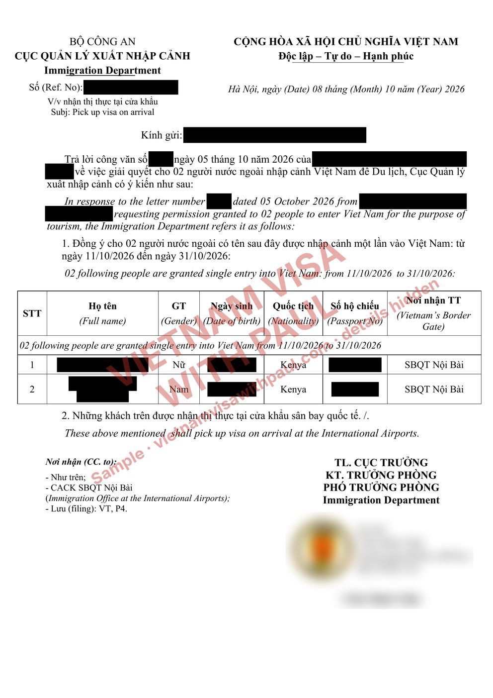 Real Vietnam e-visa approval letter obtained by Paul for a customer, with the customer's name, passport number and photo hidden